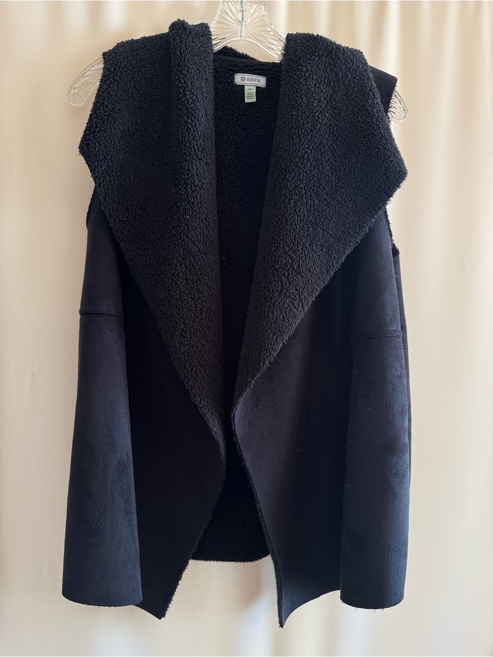 Susina Black Faux Shearling Suede Open Drape Front Vest sise M